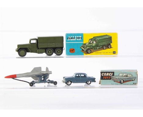 Military Corgi Toys, 1118 International 6x6 Army Truck, 352 R.A.F Staff Car - Standard Vanguard, in original boxes, with loos