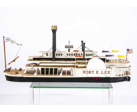 A finescale scratch built model of Paddle Steamer Robert E Lee,  constructed mainly in wood with metal parts in black and whi