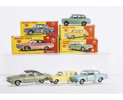 1960s Dinky Toy Cars, 137 Plymouth Fury Convertible, metallic light green body, dark green plastic roof, 138 Hillman Imp Salo