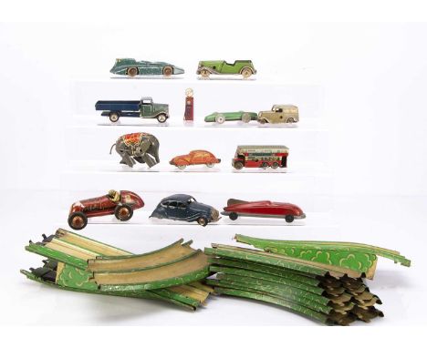 Collection of playworn Tri-ang Minic and other tin toys, Tri-ang 9M post-war streamline blue Saloon Car, F (c/w reqs attn), 2