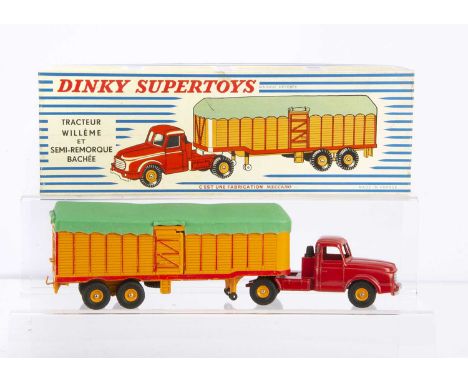 A French Dinky Toys 896 Willeme Tractor & Covered Trailer, red tractor unit, orange trailer, green plastic tilt, orange paint