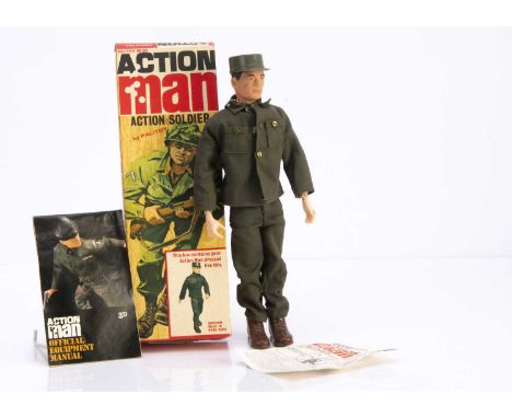 A 1960's Palitoy Action Man Action Soldier, dressed figure with fatigue jacket, trousers, brown boots (short), cap, stars car
