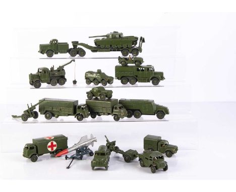 Loose Military Dinky Toys, including 660 Tank Transporter, 651 Centurion Tank, 641 Army 1 Ton Cargo Truck, 626 Military Ambul