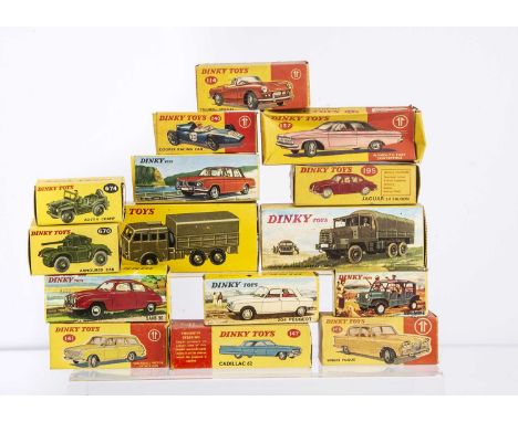 Empty Dinky Toys Boxes, including 141 Vauxhall Victor, 145 Singer Vogue, 114 Triumph Spitfire, 147 Cadillac 62, French Dinky 