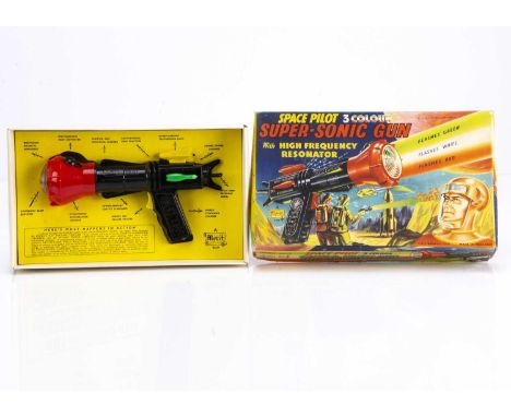 A Merit Toy Space Pilot 3 Colour Super-Sonic Gun, black plastic battery operated gun with red screw on lamp, yellow sight and
