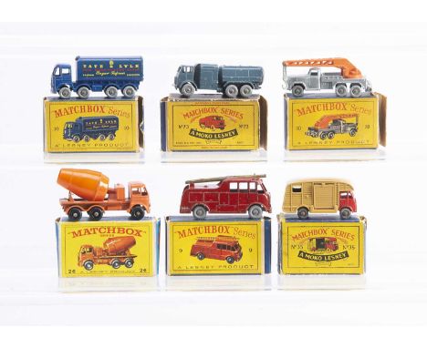 Six Boxed Models From The Matchbox Lesney 1-75 Regular Wheel Range, 9c Merryweather Fire Engine, 10c Foden Sugar Container wi