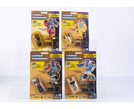Vintage Hasbro Transformers G1 Classic Stunticon Decepticons, Dead End, sealed on original cardback, with Wild Rider, Breakdo