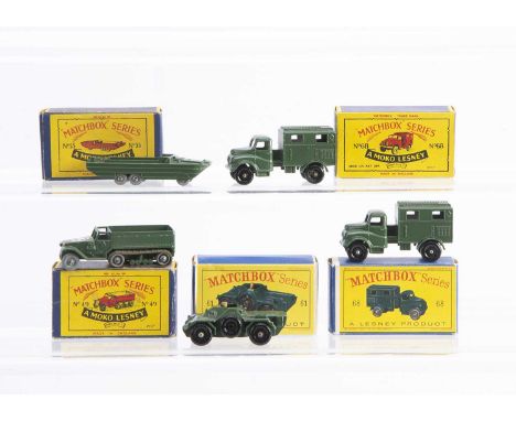 Five Boxed Military Models From The Matchbox Lesney 1-75 Regular Wheel Range, 49a M3 Halftrack, 55a D.U.K.W, two 68a Austin R