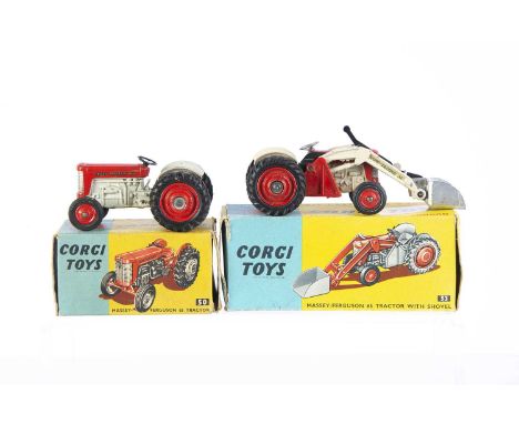 Corgi Toys Massey-Ferguson Tractors, 53 Massey-Ferguson 65 Tractor with Shovel, 50 Massey-Ferguson 65 Tractor, both red/fawn,