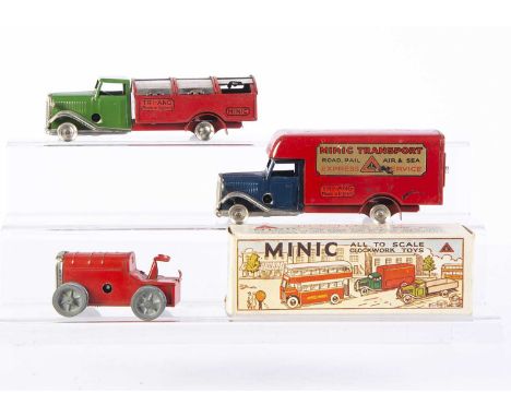 Tri-ang Minic Tinplate Clockwork Commercial Vehicles, 32M Dust Cart, green/red, 11M Tractor, red, 24M Luton Transport Van, da