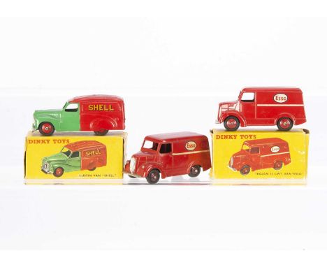 Dinky Toys 450 Trojan 'Esso' Van, red body, white stripe, red hubs, 'Esso' logo, 470 Austin 'Shell' Van, green/red body, red 