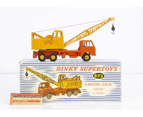 A French Dinky Toys 972 Coles Mobile Crane, orange body, dark yellow crane, two drivers, painted concave hubs, 'Assemble En F