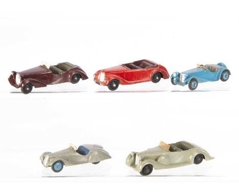 38 Series Dinky Toy Touring Cars, 38a Frazer Nash, grey body, blue seats, mid-blue ridged hubs, 38c Lagonda, light grey body,