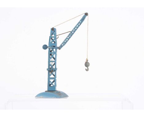 A Moko Scale Model Builder's Crane, 1950-55, blue body, platform and jib, bare metal hook, single winding handle, F-G