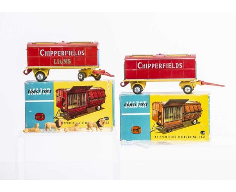 Corgi Major Toys 1123 Chipperfield's Circus Animal Cages, two examples, both red body, yellow chassis, spun hubs, two plastic