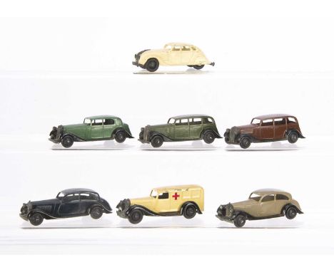 30 Series Dinky Toys, 30a Chrysler Airflow Saloon, cream body, black ridged hubs, 30b Rolls-Royce (2), first fawn body, black