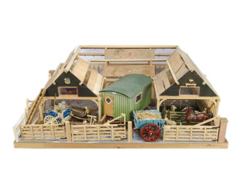 A large wood construction scratch built approx scale model of a Farm with Farming equipment and animals (qty),  comprising a 