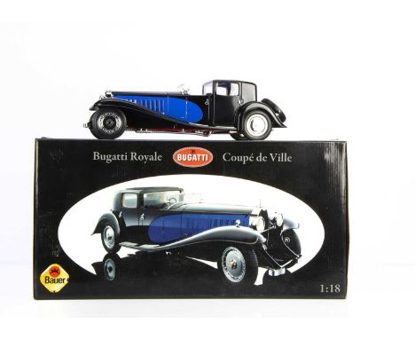 Bauer 1:18 Bugatti Royale Coupe de Ville, on wooden display base with mirrored panel and name plaque, in original box with pa