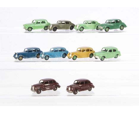 40 Series Dinky Toy British Saloons, 40a Riley Saloon (2), first pale green body and hubs, second dark grey body, black hubs,