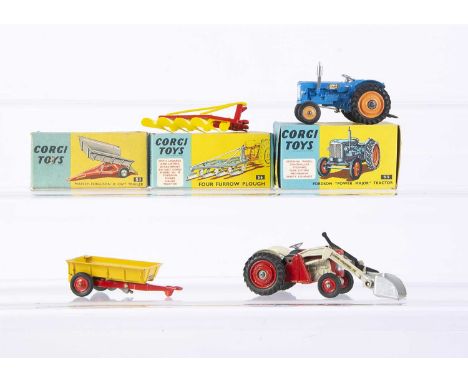 Corgi Farming Models, 55 Fordson Power Major Tractor, 56 Four Furrow Plough, 51 Massey-Ferguson 30 Cwt Trailer, in original b
