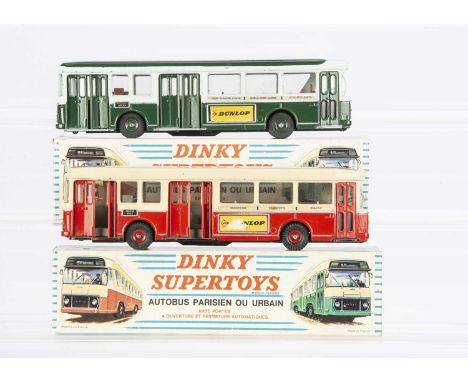 French Dinky Supertoys 889 Berliet Paris Autobus, two examples, first dark green/grey body, 'Dunlop' and 'Pepsi-Cola' adverti