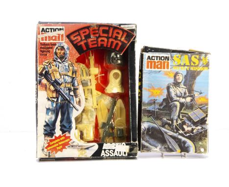 Vintage Palitoy Action Man Special Team Arctic Assault Uniform, with SAS Secret Mission Set, in original boxes, G-E, Artic As