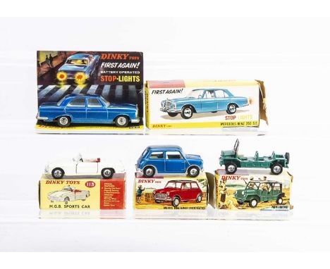 Dinky Toy Cars, 160 Mercedes-Benz 250 S.E, 183 Morris Mini-Minor, both metallic blue body, spun hubs, 113 M.G.B Sports Car, w