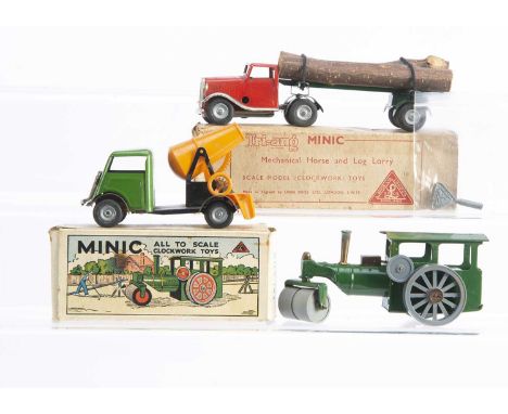 A Boxed Tri-ang Minic 74M Mechanical Horse & Log Lorry With Long Bonnet, generally G-VG with operational mechanism and key in