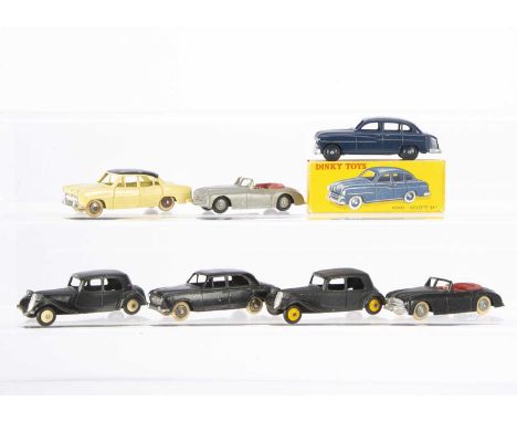 French Dinky Toy Cars, 24-X Ford Vedette, dark blue body and hubs, in original box, 24-B Peugeot 403, 24-Z Simca Versailles, 