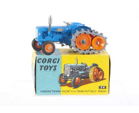 A Corgi Toys 54 Fordson Power Major Tractor with Half Tracks, blue body, orange rollers and wheels, grey rubber tracks, light