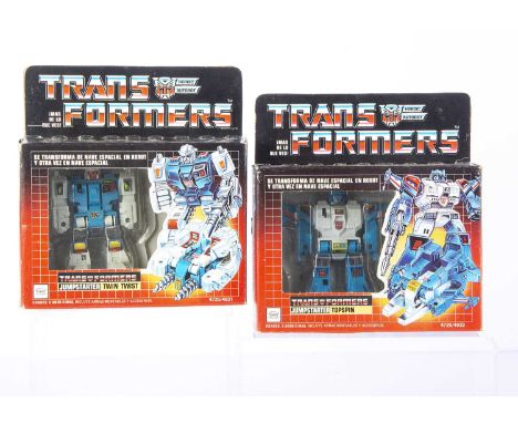 Vintage IGA (Mexico) Transformers G1 Jumpstarter Autobots, Twin Twist and Topspin, both in original boxes, opened bubbles, co