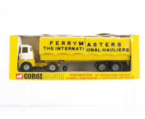 A Corgi Major Toys 1147 Ferrymasters Scammell Tractor Unit & Trailer, white/yellow cab unit, yellow trailer with plastic tilt