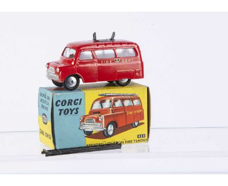 A Corgi Toys 423 Bedford 'Utilecon' Fire Tender, red body, undivided windscreen, black ladder, 'Fire Dept' decals, flat spun 