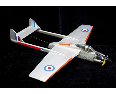 A Radio Controlled kit built RAF de Havilland Vampire Airplane, wood construction, finished in RAF grey, OS 2-Stroke Engine (