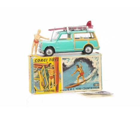 A Corgi Toys 485 BMC Mini Countryman With Surfer, sea-green body, lemon interior, two surfboards on roof rack, grey aerial, m