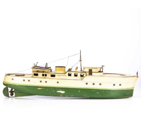 A large scale Steam Powered Passenger Launch,  constructed in wood and metal with green and cream hull and cream deck and fun