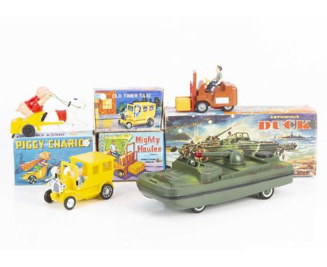 Hong Kong Plastic Toys, battery-operated Amphibious Duck, friction drive Mighty Hauler Fork Lift Truck, gyro operated Piggy C