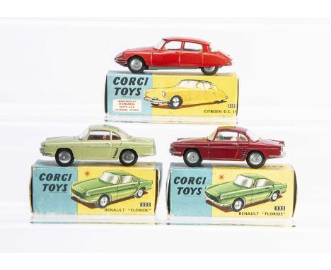 French Cars by Corgi Toys, 210S Citroen D.S.19, red body, lemon interior, 222 Renault Floride (2), one maroon body, white int