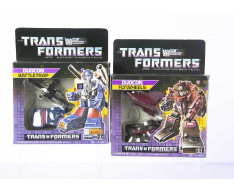 Vintage Hasbro Transformers G1 Duocon Decepticons, Battletrap and Flywheels, both in original boxes, opened bubbles, complete