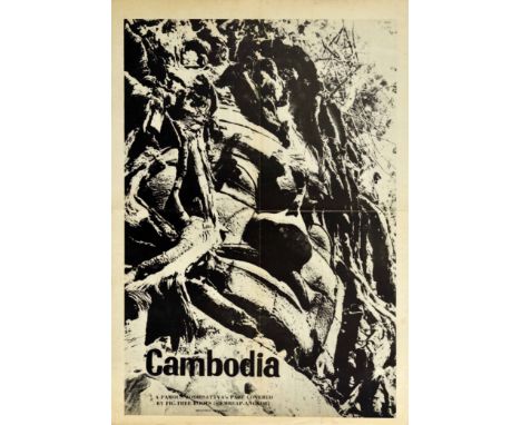 Original vintage travel poster advertising Cambodia featuring a black and white photo entitled A famous Bodhisattva's face co