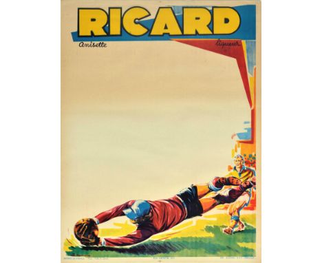 Original vintage sport announcement poster issued by Ricard Anisette liqueur to advertise their aperitif drink featuring a br