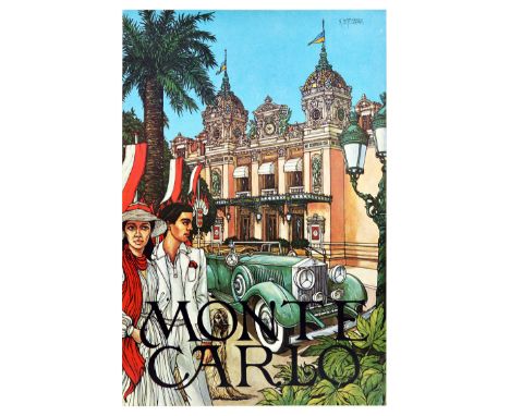 Original vintage travel poster for Monte Carlo featuring an illustration of an elegantly dressed young couple, lady in a long