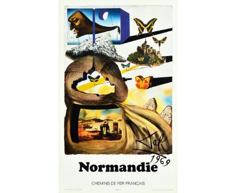 Original vintage travel poster advertising Normandie / Normandy featuring iconic butterflies and buildings with boats on a sa