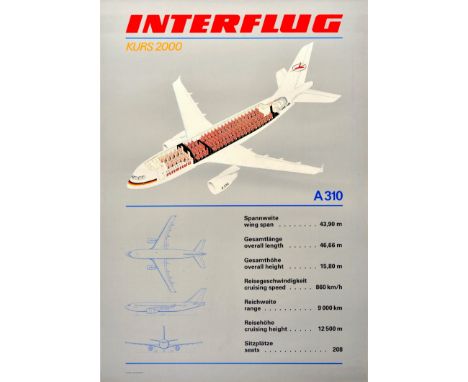 Original vintage aviation travel poster advertising Interflug Kurs 2000 featuring a schematic cut-out design of a white Airbu