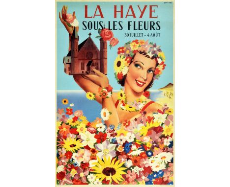Original vintage travel poster promoting La Haye sous les Fleurs flower festival held from 30 July to 4 August 1951 in the Ha