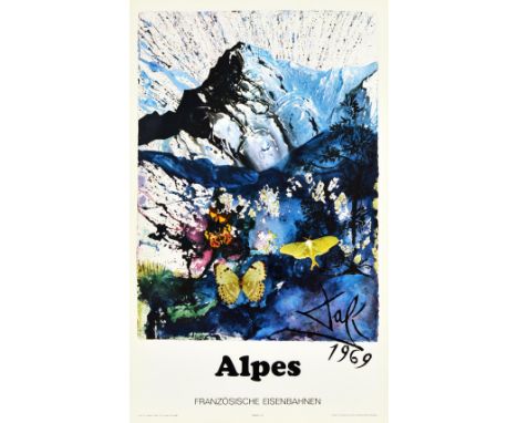 Original vintage travel poster advertising the French Alps featuring snow topped mountains with butterflies in the foreground