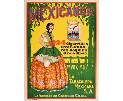 Original vintage smoking advertising poster for Mexicanos 24 Cigarrillos Ovalados con boquilla Oro o Rosa La Tabacalera Mexic