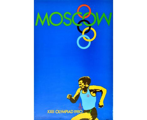 Original vintage sport poster for the 1980 Olympic Games in Moscow Russia featuring an athletics event with a dynamic image o