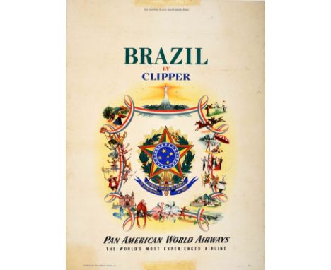 Original vintage travel poster for Brazil by Clipper Pan American World Airways The World's Most Experienced Airline featurin