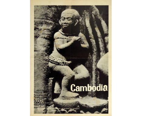 Original vintage travel poster advertising Cambodia featuring a black and white photo entitled Finest detail of a bas-relief 